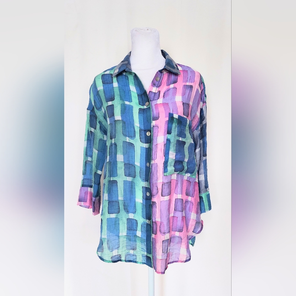 Terra SJ Apparel Abstract Art to Wear Button Down Shirt Purple Blue Size XS